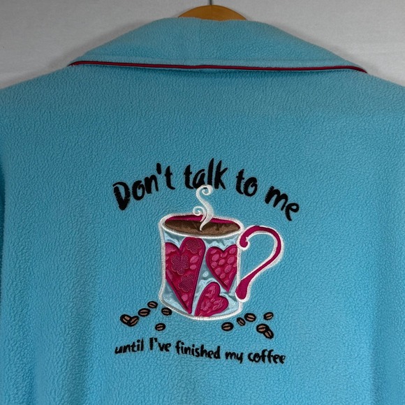 Fleece Bath Robe Medium Blue Coffee Cup Embroidered‎ Cozy Lounge Sleep Wear - Picture 5 of 10